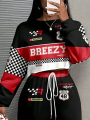 Women's Casual Racing Print Crop Tee and Sweatpants Set