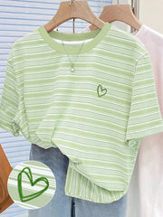 Women's Striped Heart Embroidered Casual T-Shirt