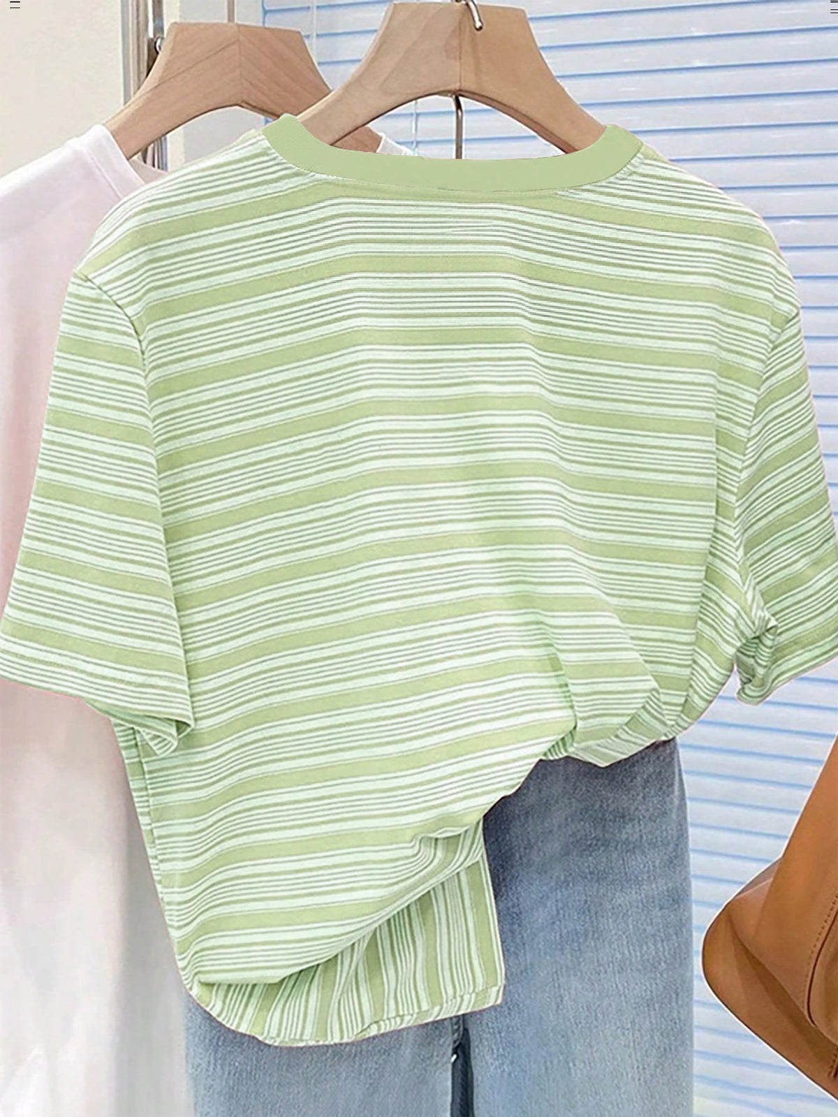 Women's Striped Heart Embroidered Casual T-Shirt