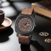Men's Vintage Hollow Dial Triple-Eye Leather Quartz Wrist Watch