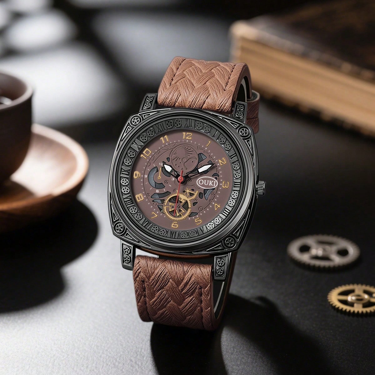 Men's Vintage Hollow Dial Triple-Eye Leather Quartz Wrist Watch