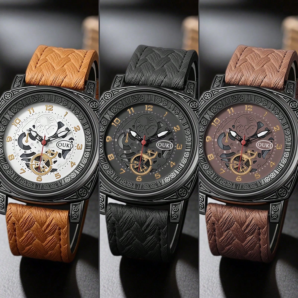 Men's Vintage Hollow Dial Triple-Eye Leather Quartz Wrist Watch