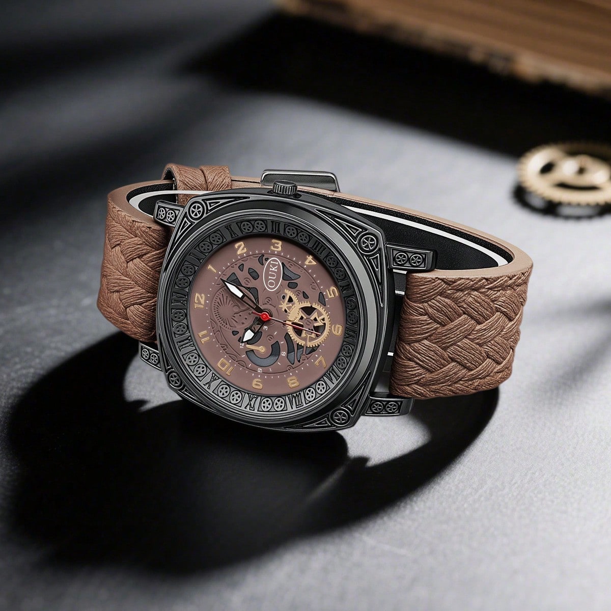 Men's Vintage Hollow Dial Triple-Eye Leather Quartz Wrist Watch