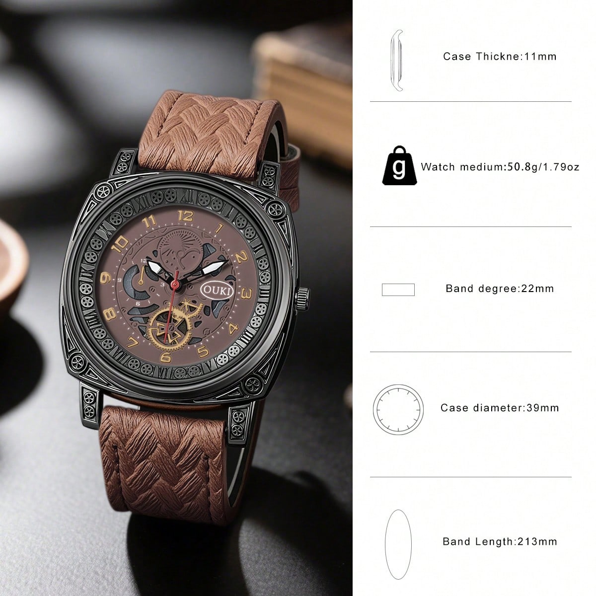 Men's Vintage Hollow Dial Triple-Eye Leather Quartz Wrist Watch