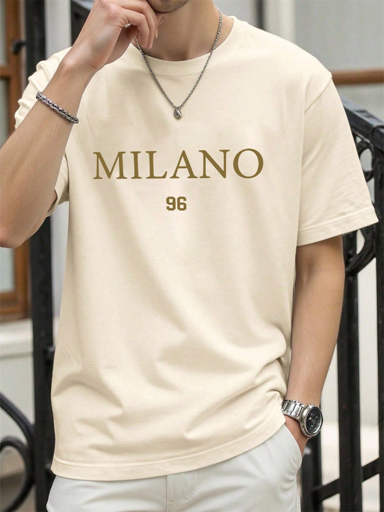Men's Letter Print Round Neck Casual Loose T-Shirt Khaki