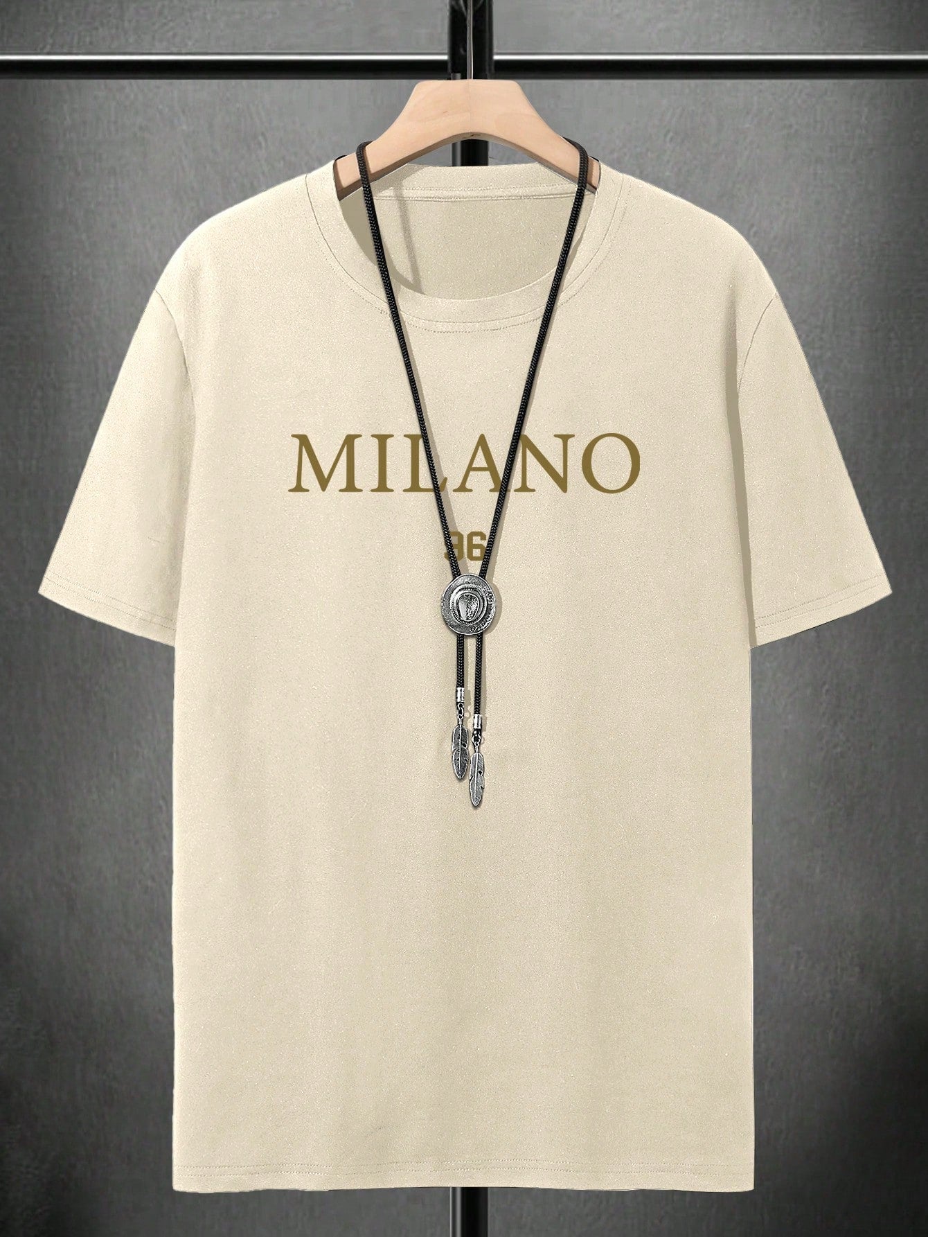 Men's Letter Print Round Neck Casual Loose T-Shirt Khaki