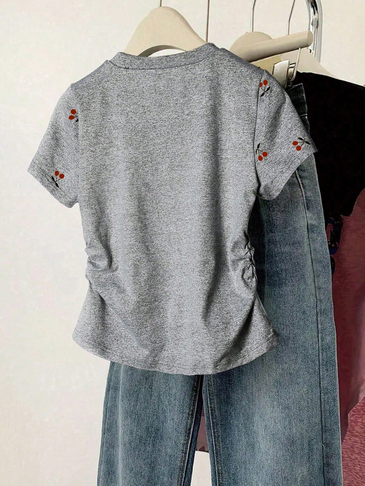Women's Casual Cherry Print Ruched Waist Pullover Tee