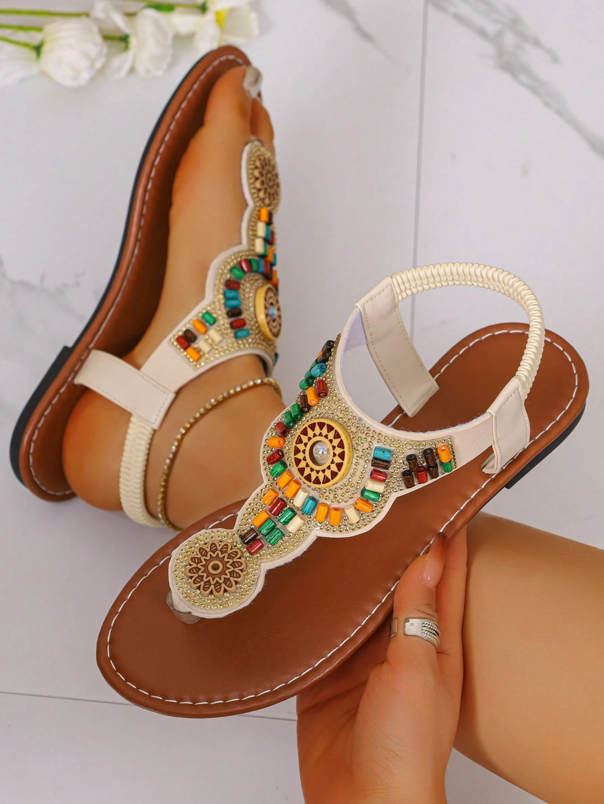 Women's Rhinestone Embellished Flower Decor Flat Thong Sandals