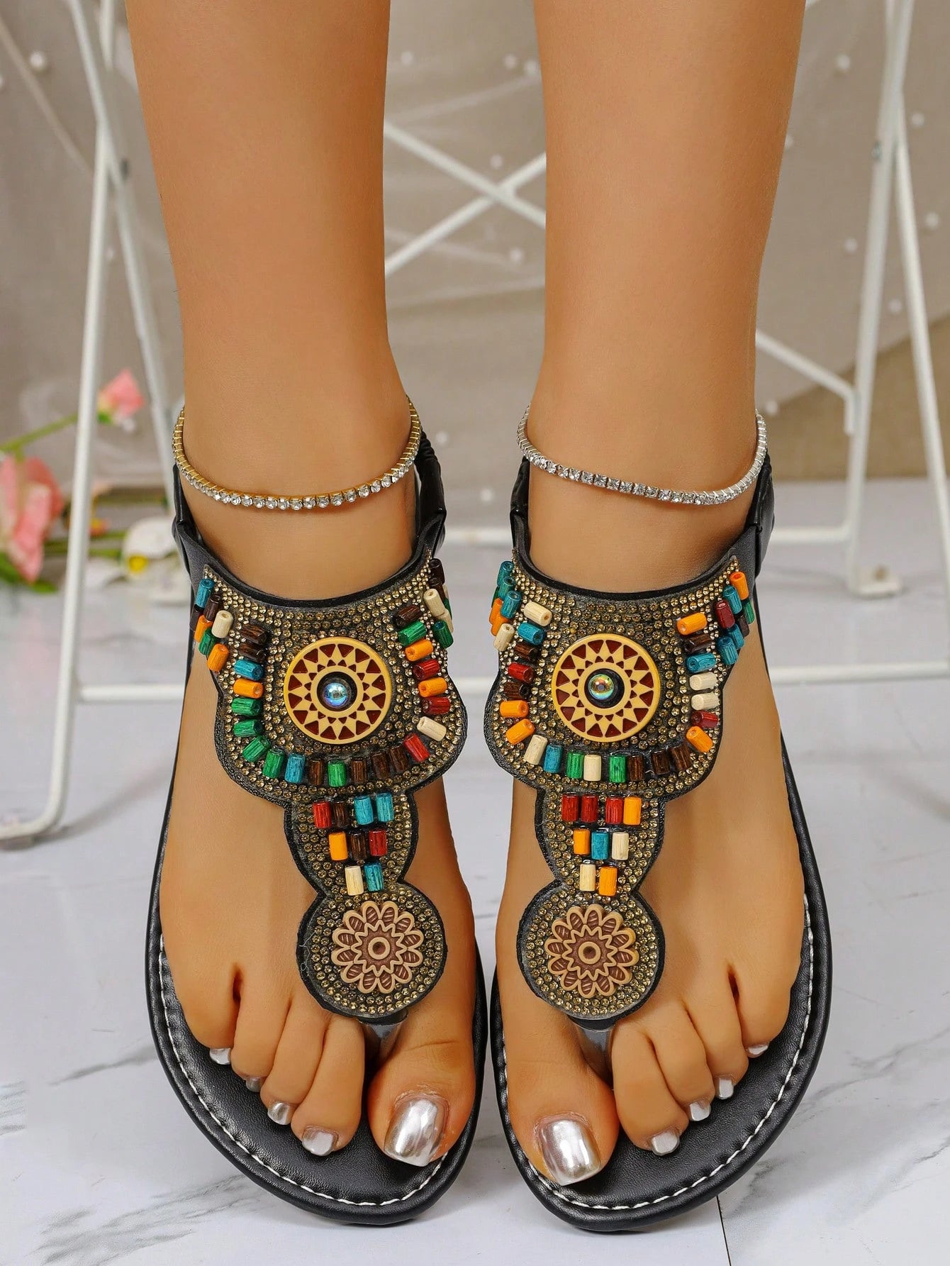 Women's Rhinestone Embellished Casual Street Flat Thong Sandals
