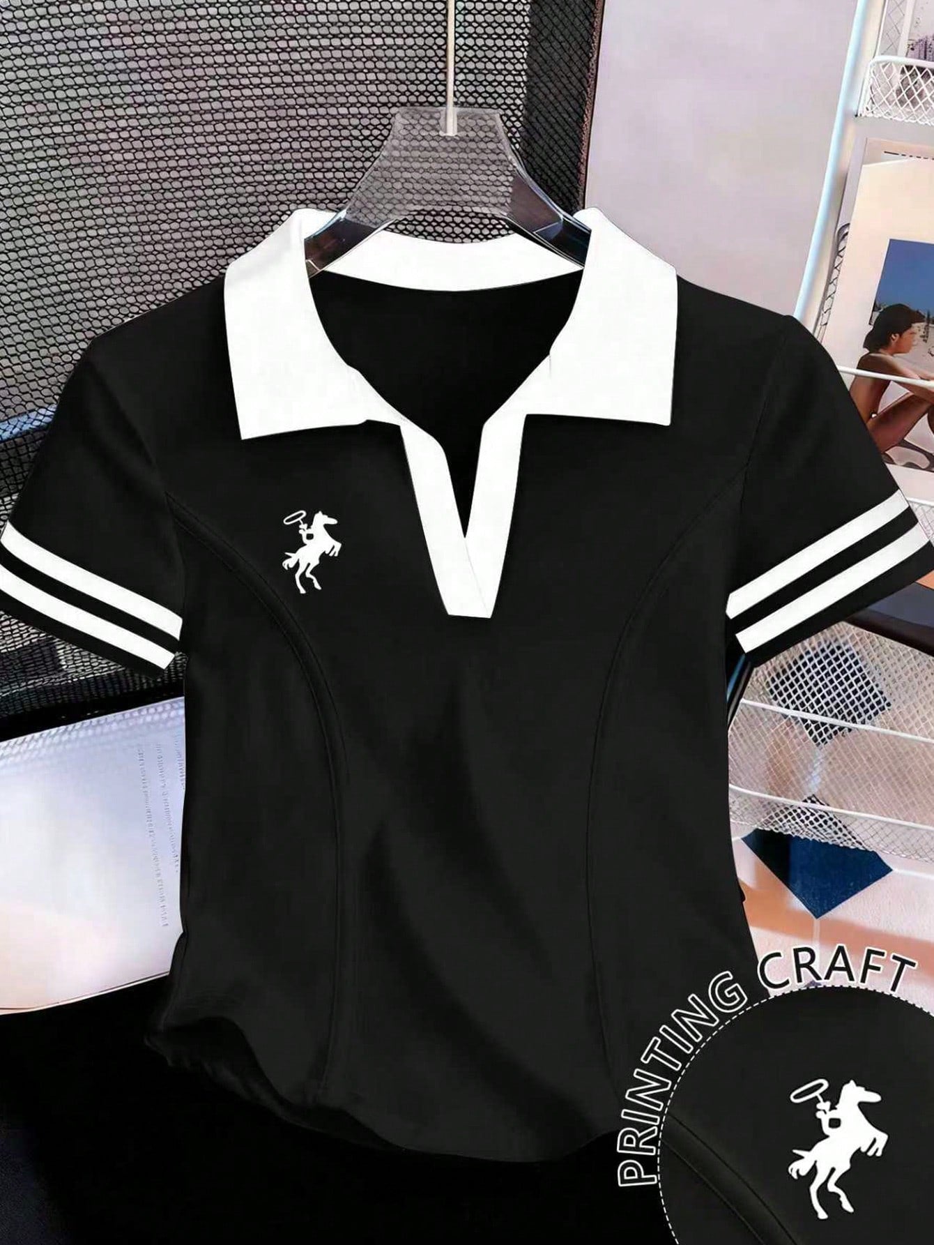 SHEIN Women's Casual Embroidered Contrast Collar Short Sleeve T-Shirt