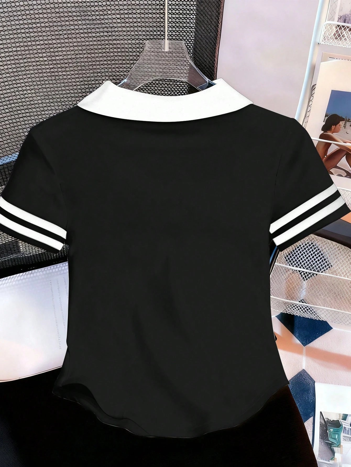 SHEIN Women's Casual Embroidered Contrast Collar Short Sleeve T-Shirt