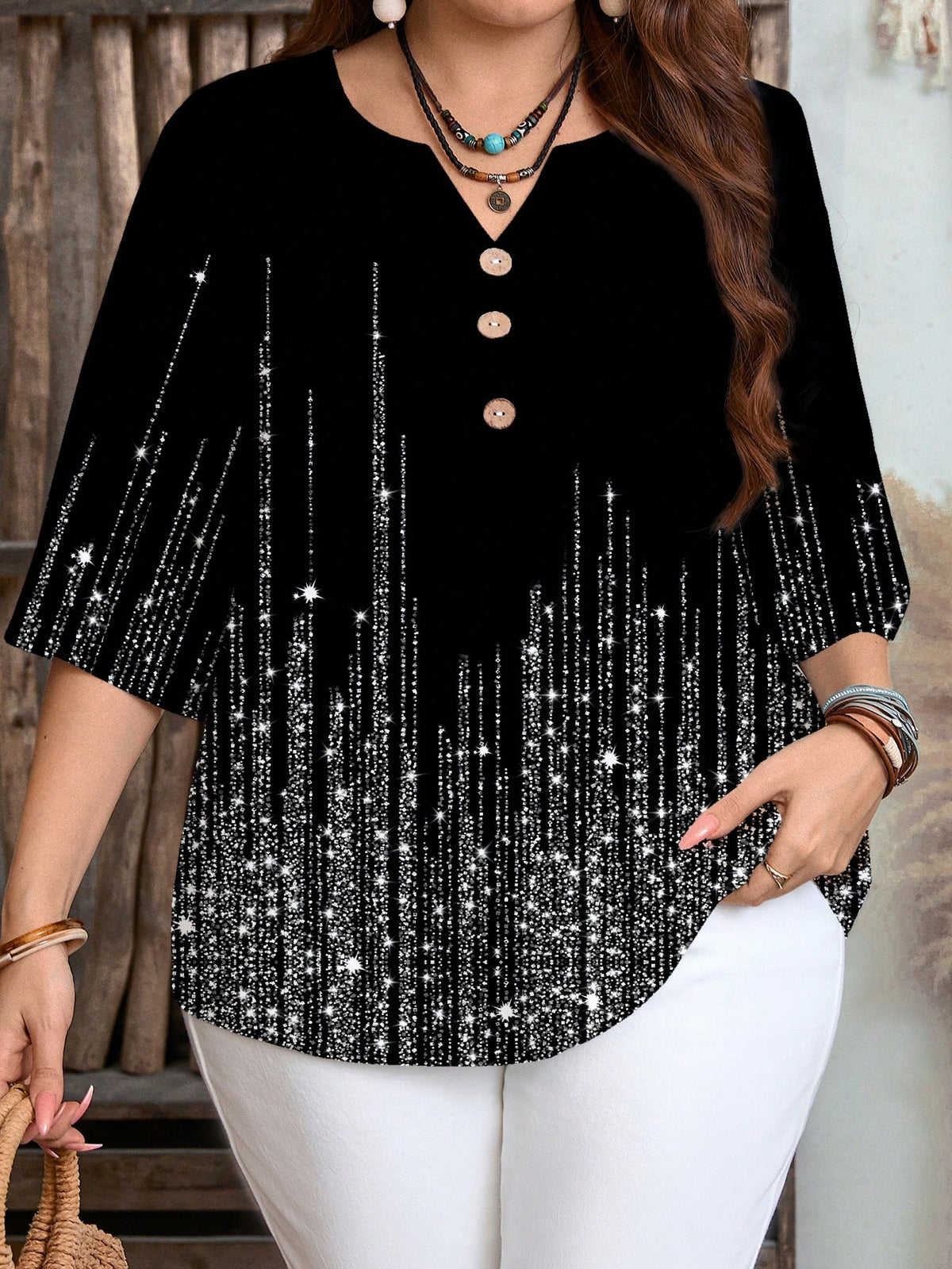 Women's Plus Size Printed Rhinestone Notched Blouse