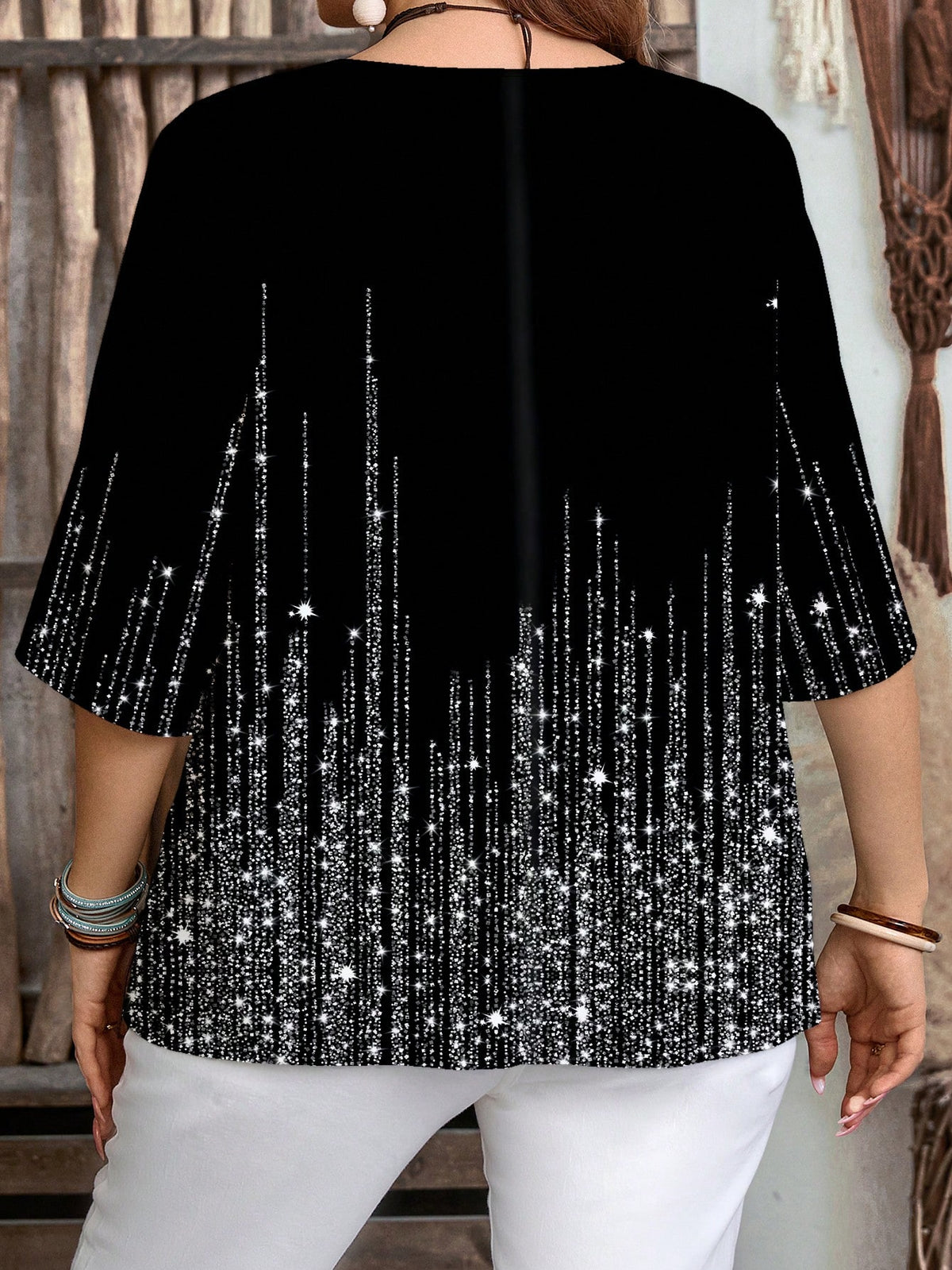 Women's Plus Size Printed Rhinestone Notched Blouse