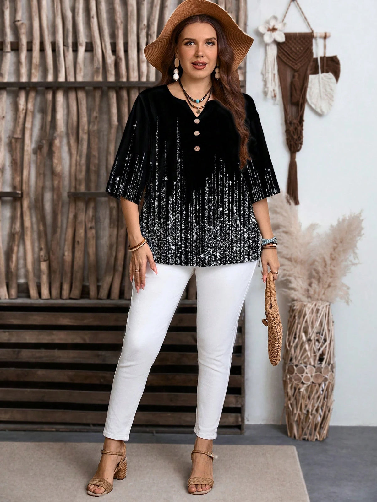Women's Plus Size Printed Rhinestone Notched Blouse