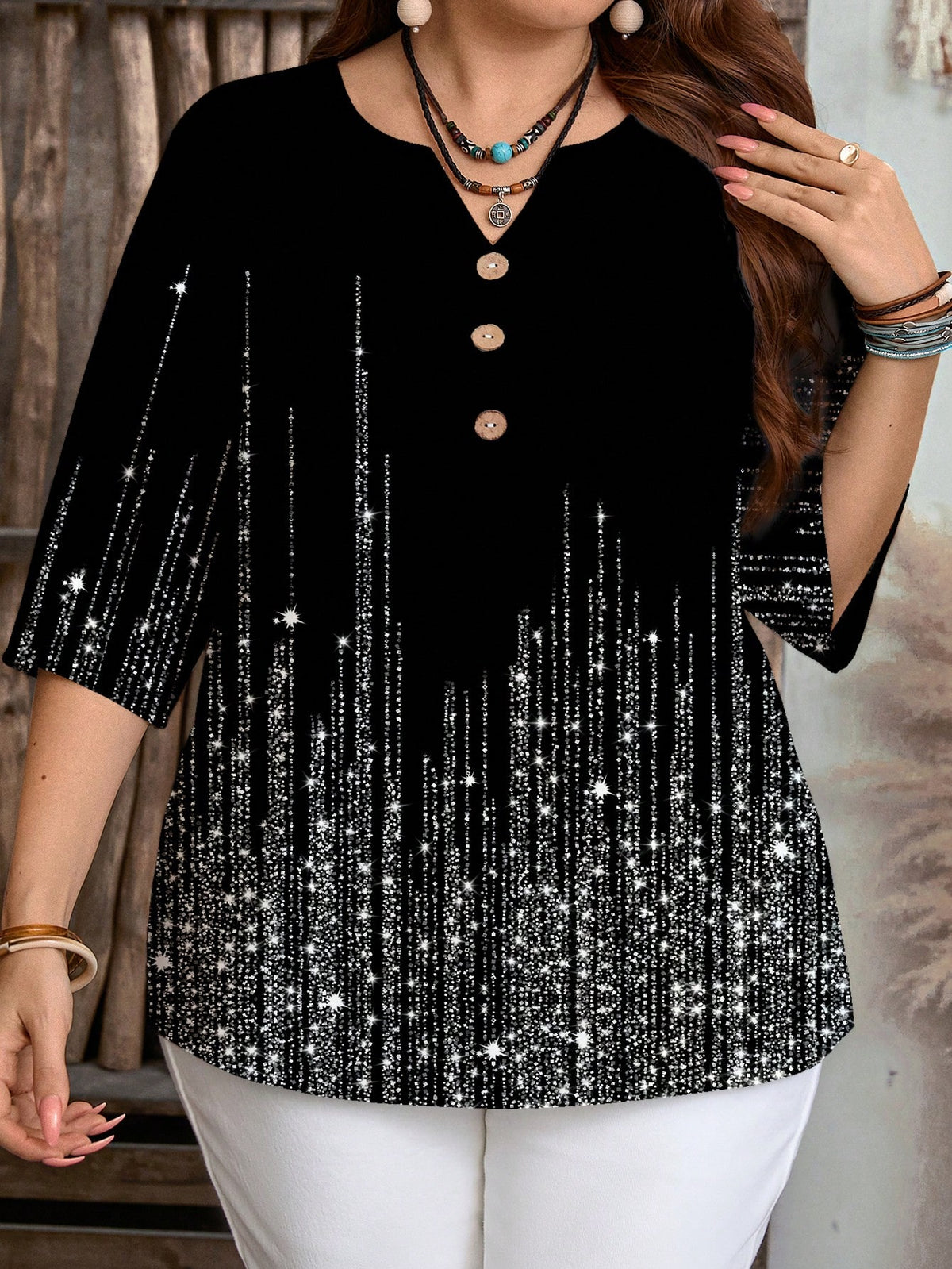 Women's Plus Size Printed Rhinestone Notched Blouse
