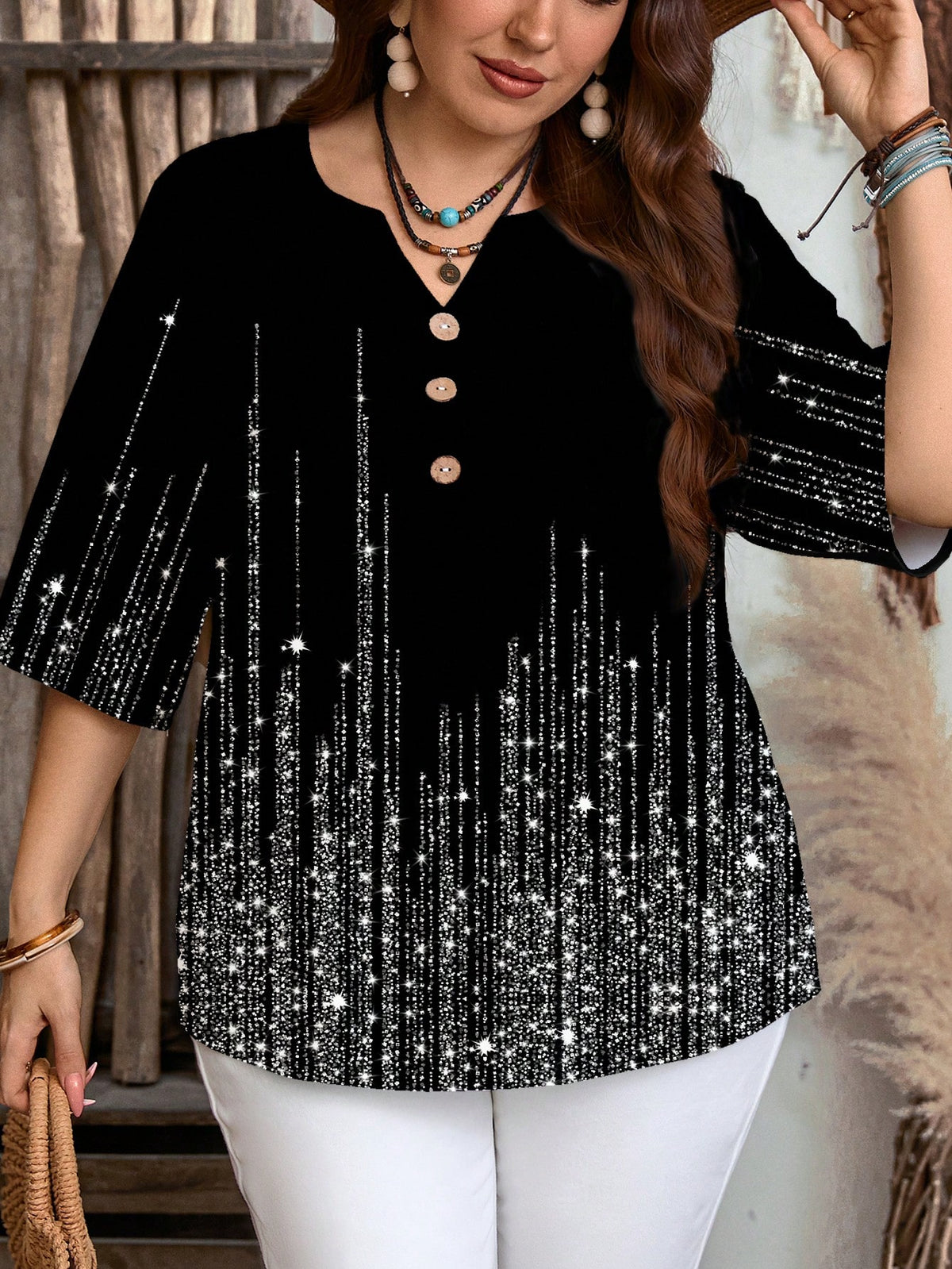 Women's Plus Size Printed Rhinestone Notched Blouse