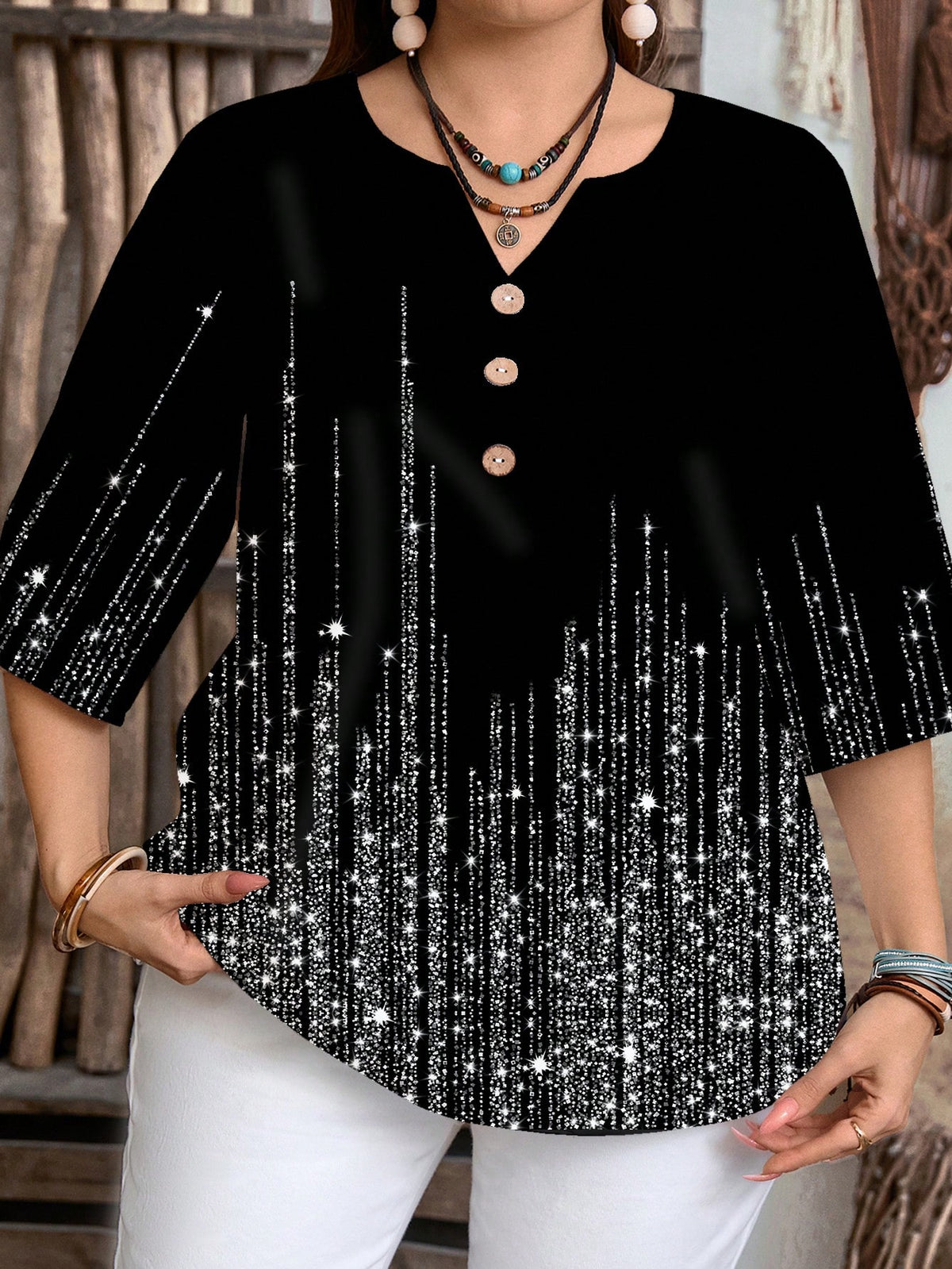 Women's Plus Size Printed Rhinestone Notched Blouse
