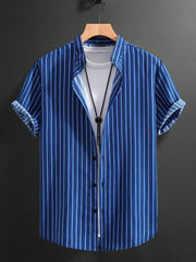 Men's Stripe Print Button Front Short Sleeve Shirt Navy Blue