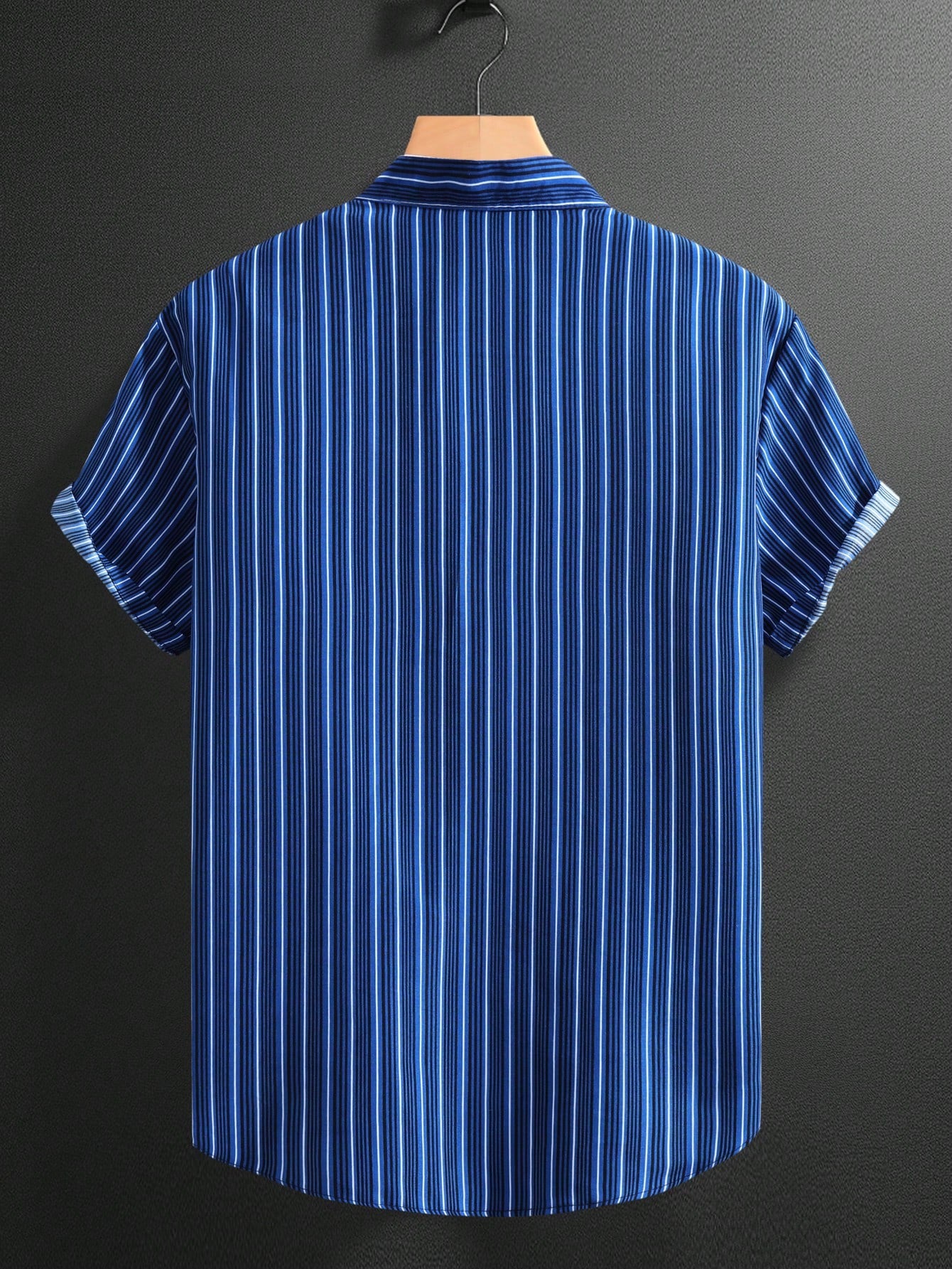 Men's Stripe Print Button Front Short Sleeve Shirt Navy Blue