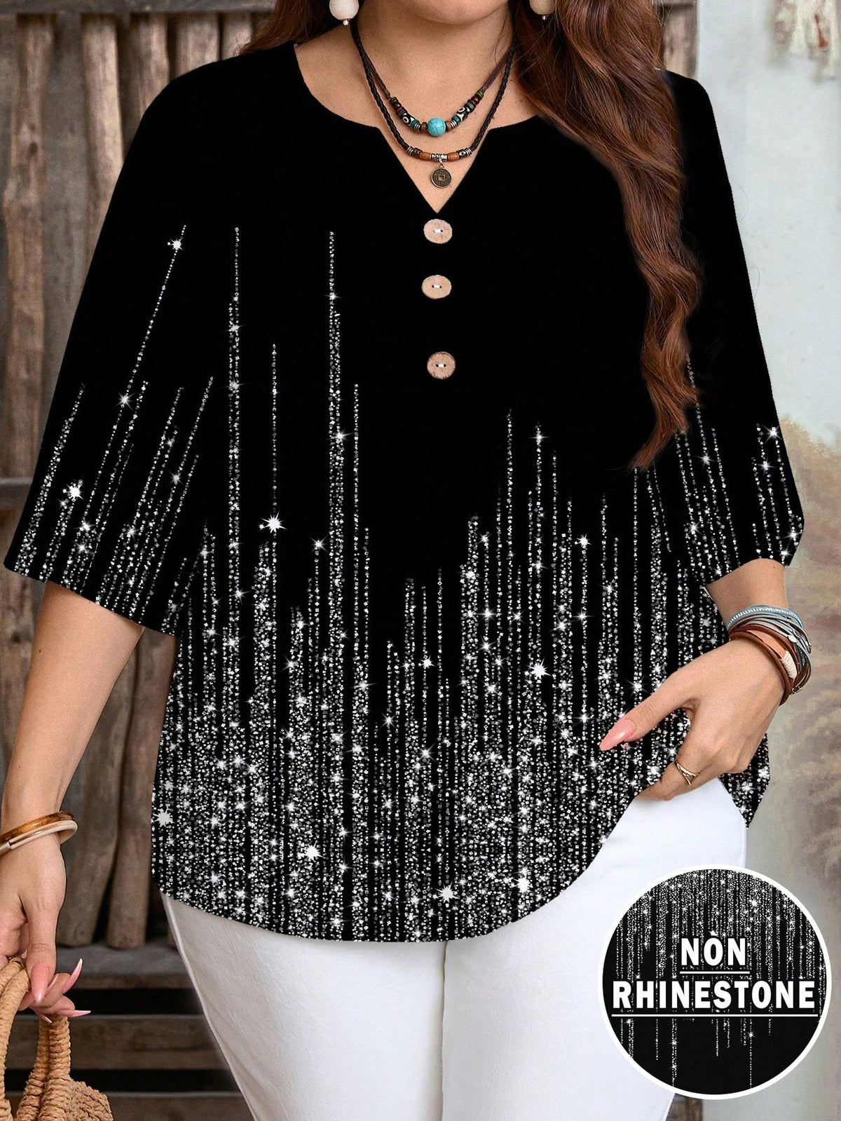 Women's Plus Size Printed Rhinestone Notched Blouse