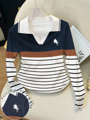 Women's Casual Striped Colorblock Polo Collar Long Sleeve T-Shirt
