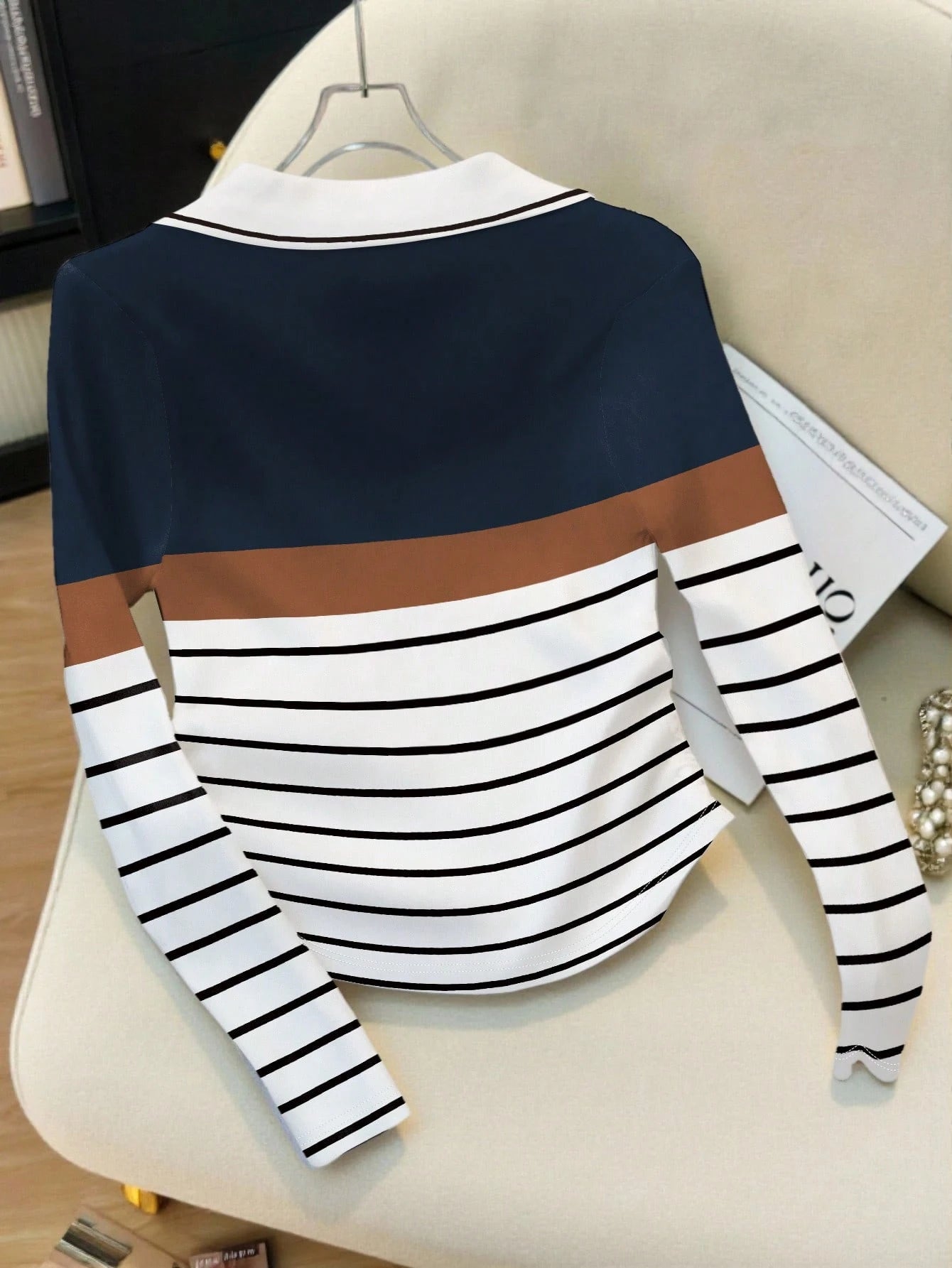 Women's Casual Striped Colorblock Polo Collar Long Sleeve T-Shirt
