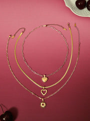 Women's Gold Stainless Steel Heart Pendant Necklace Set
