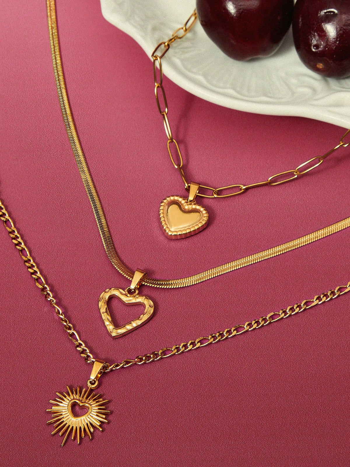 Women's Gold Stainless Steel Heart Pendant Necklace Set