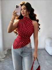 Women's Red Polka Dot Asymmetric Hem Ruched Tank Top