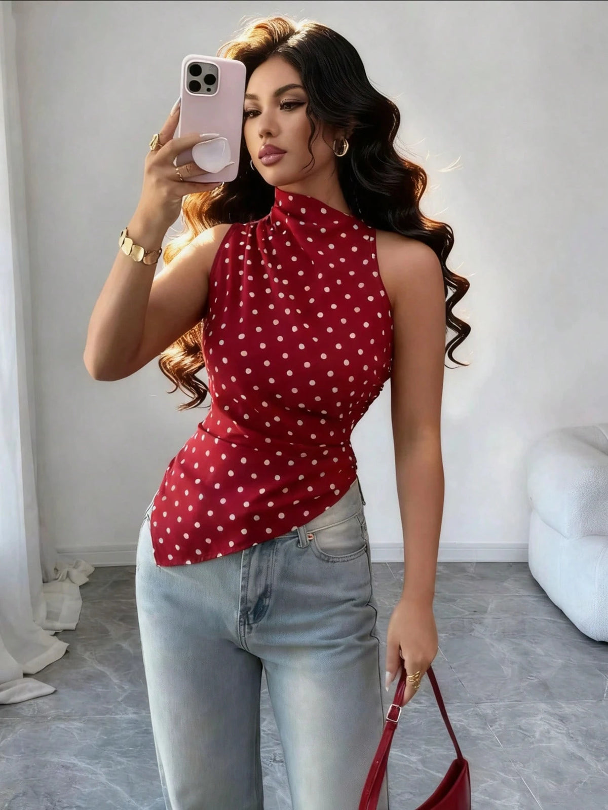 Women's Red Polka Dot Asymmetric Hem Ruched Tank Top