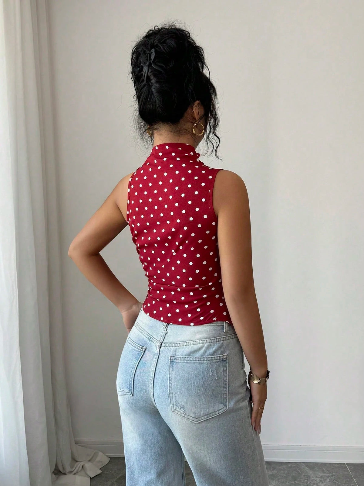 Women's Red Polka Dot Asymmetric Hem Ruched Tank Top