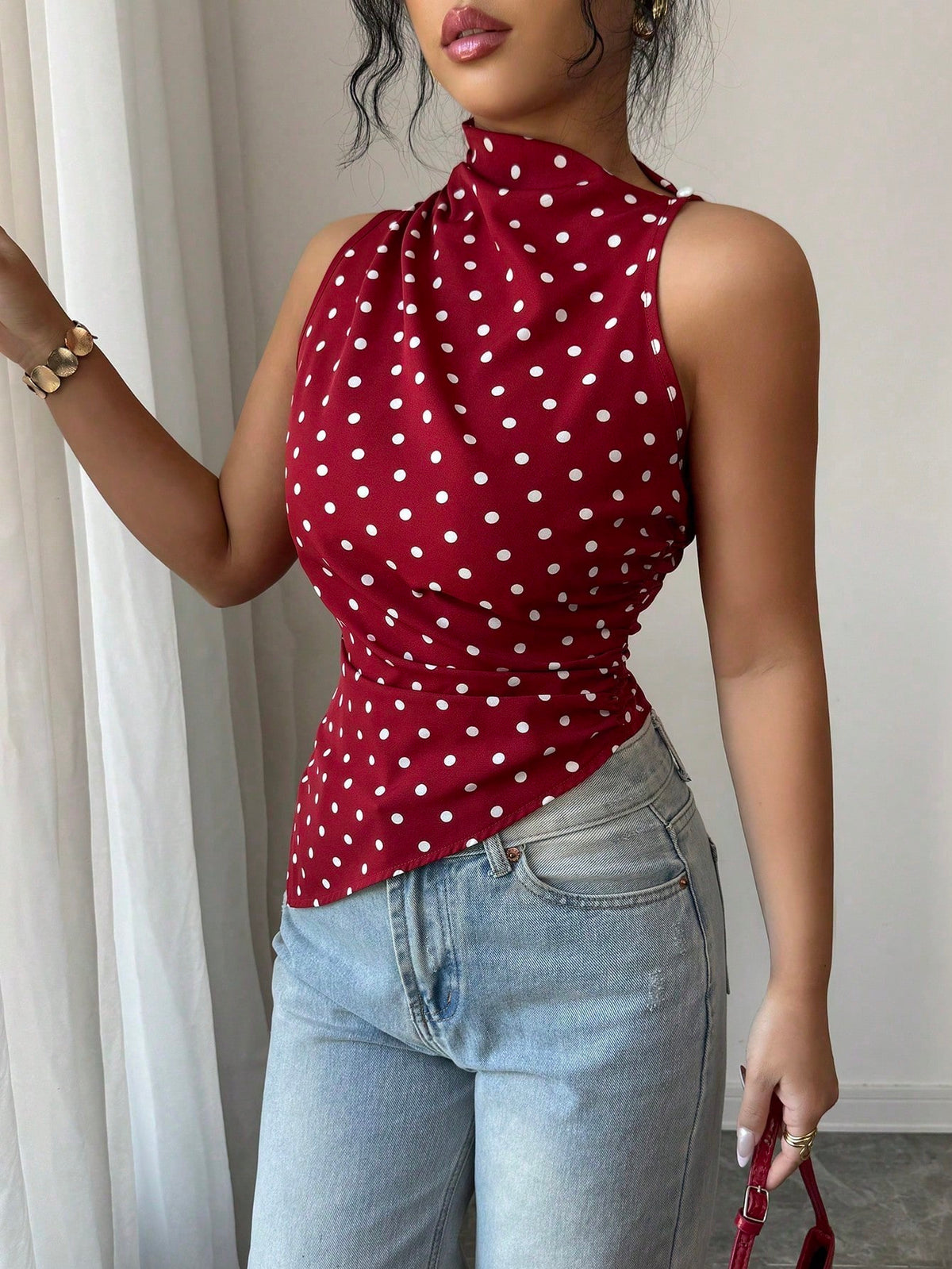 Women's Red Polka Dot Asymmetric Hem Ruched Tank Top