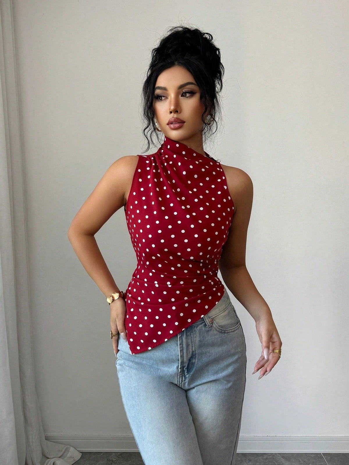 Women's Red Polka Dot Asymmetric Hem Ruched Tank Top