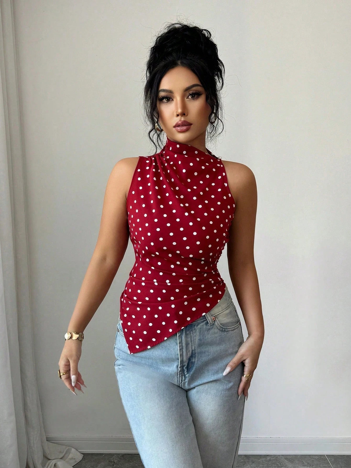 Women's Red Polka Dot Asymmetric Hem Ruched Tank Top
