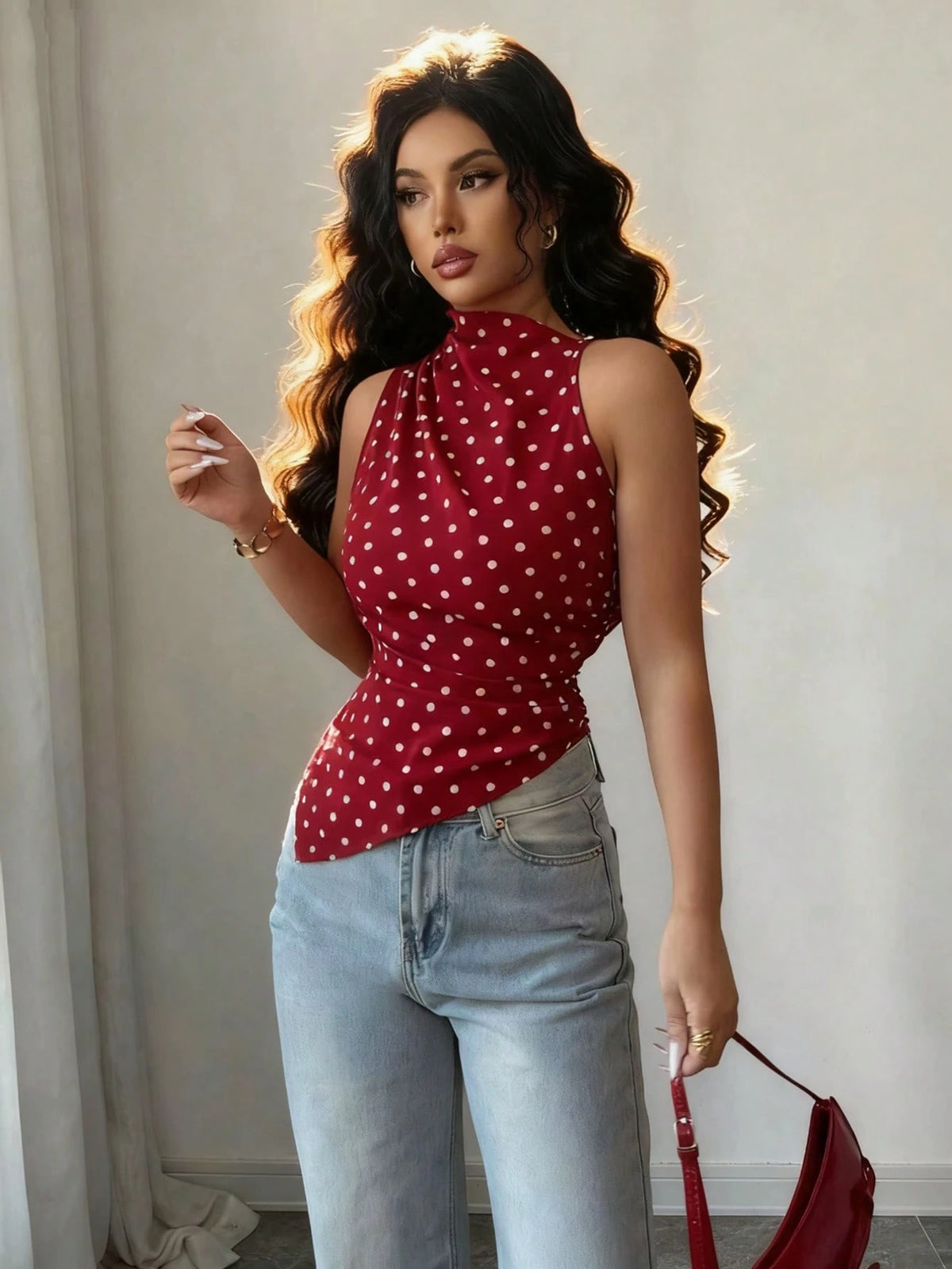 Women's Red Polka Dot Asymmetric Hem Ruched Tank Top