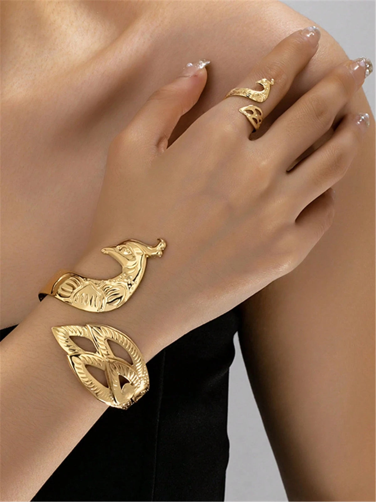 Women's Fashion Peacock Phoenix Adjustable Bangle Ring Jewelry Set