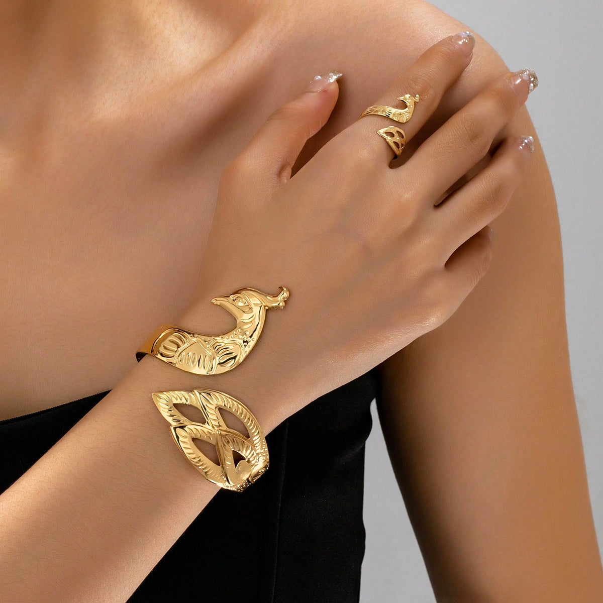 Women's Fashion Peacock Phoenix Adjustable Bangle Ring Jewelry Set