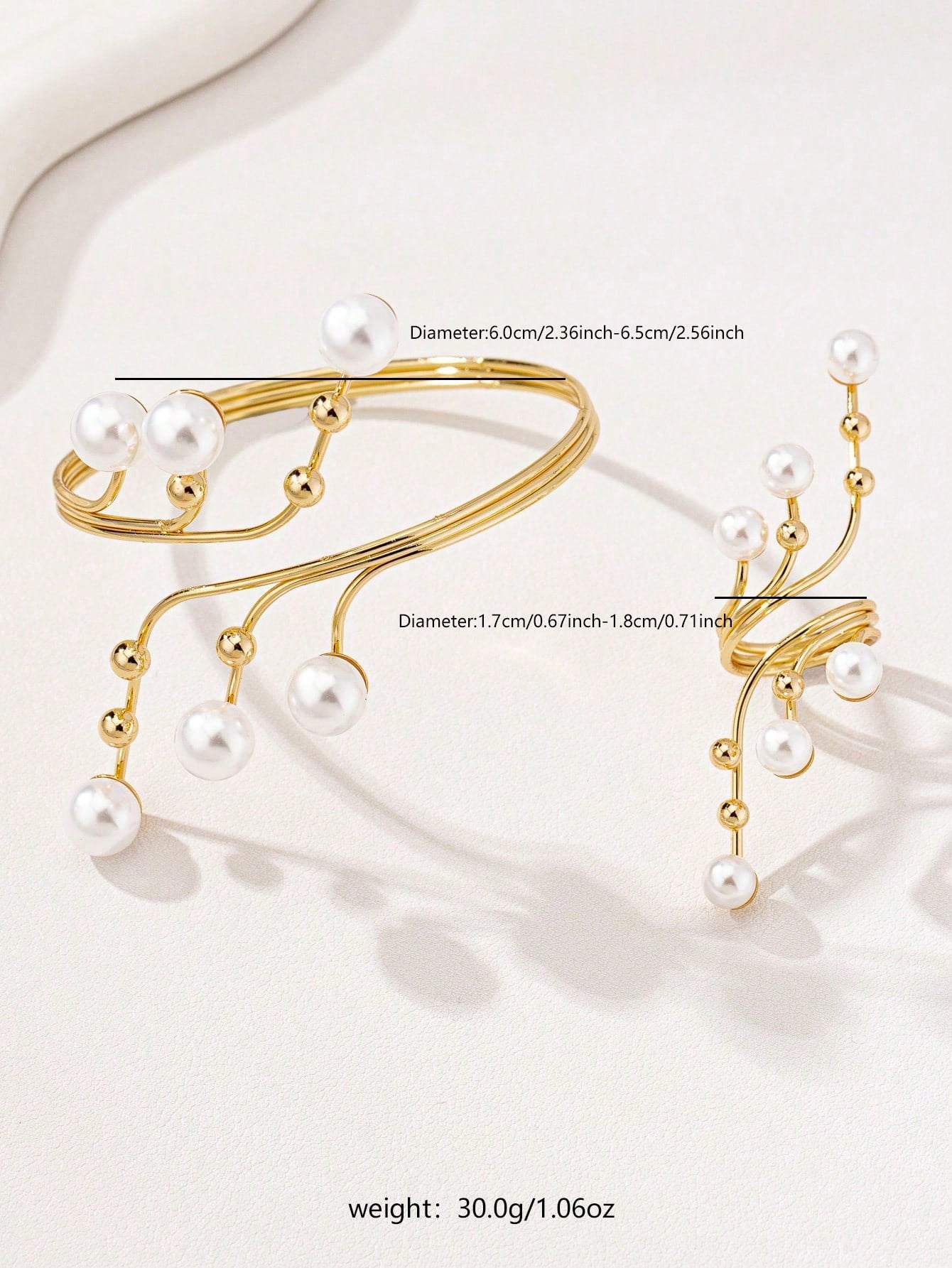 Women's Retro Geometric Line Pearl Gold Bangle & Ring Set