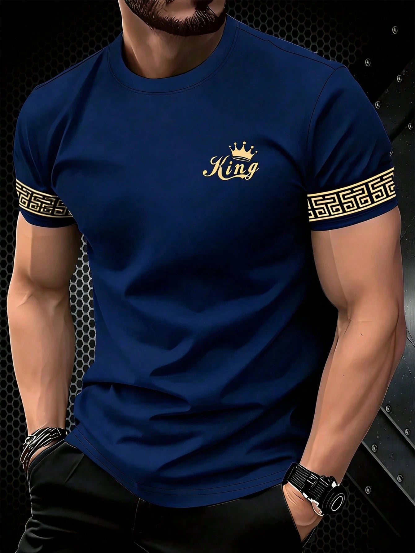 Calvornis Men's Short Sleeve T-Shirt Navy Floral Gold Icon