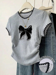 Women's Casual Dog Tooth Bow Print Grey T-Shirt