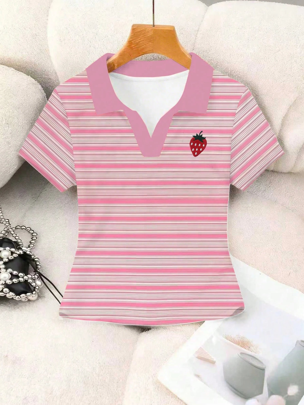 Women's Casual Striped Short Sleeve Crop Polo Shirt