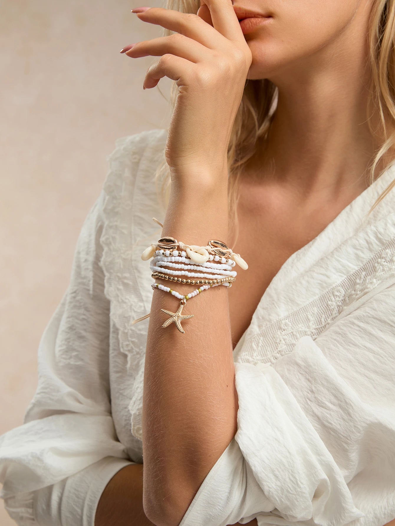 Women's Bohemian Starfish Pendant Multicolor Seed Bead Braided Bracelet Set