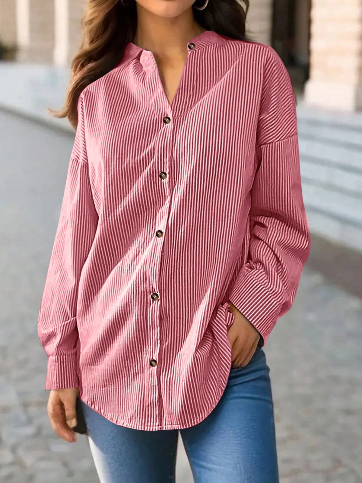 Women's Striped V-Neck Single-Breasted Casual Loose Shirt