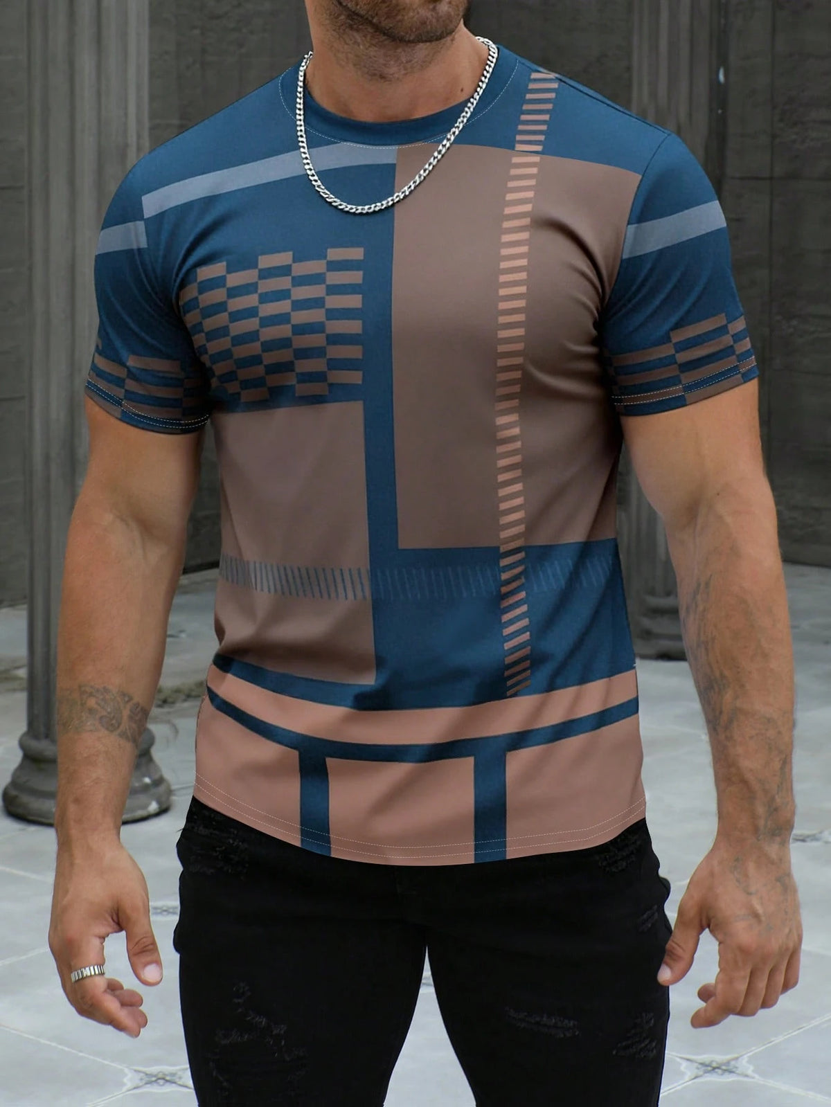 Men's Business Mature Printed Short Sleeve T-Shirt Blue