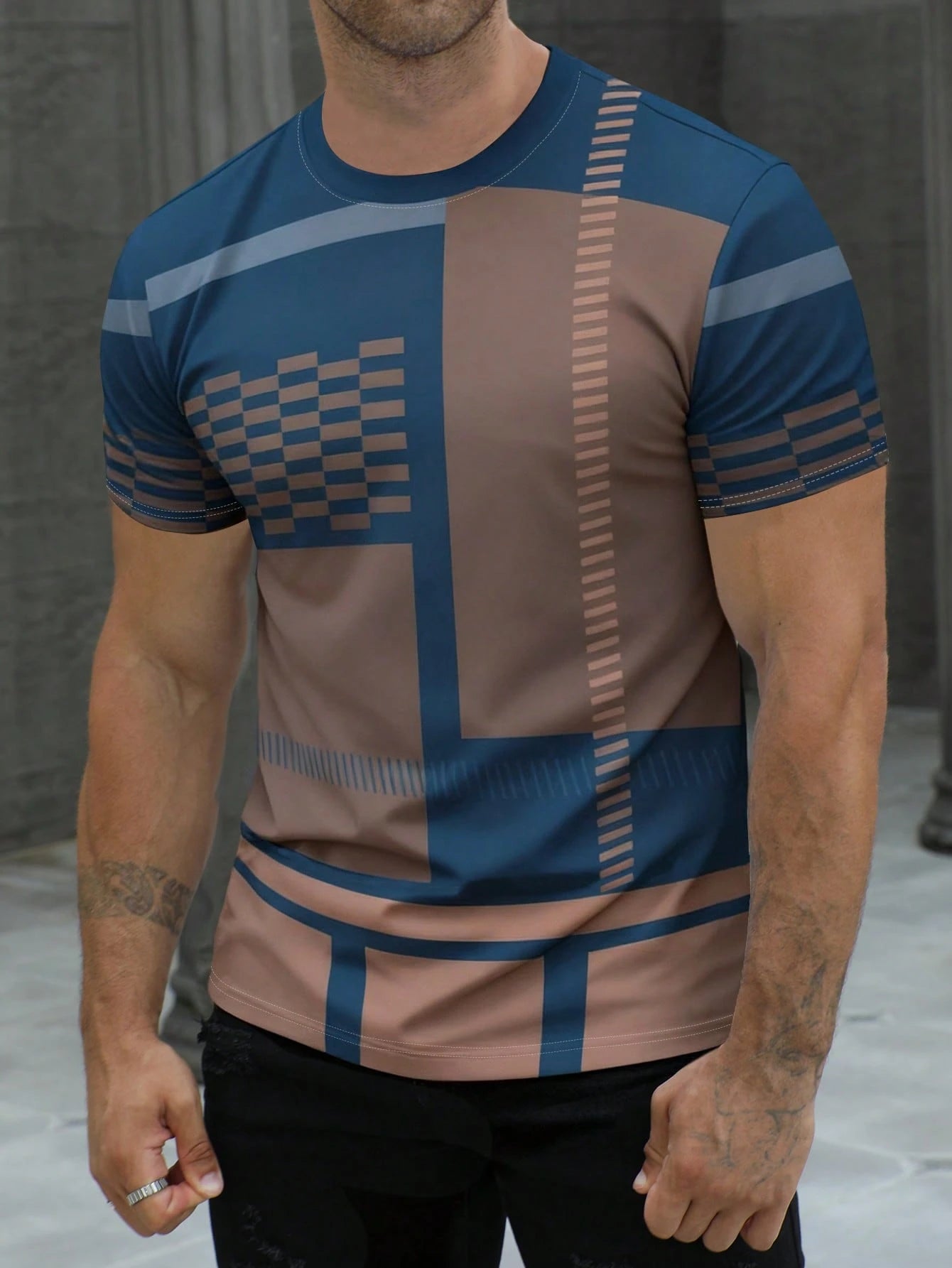 Men's Business Mature Printed Short Sleeve T-Shirt Blue