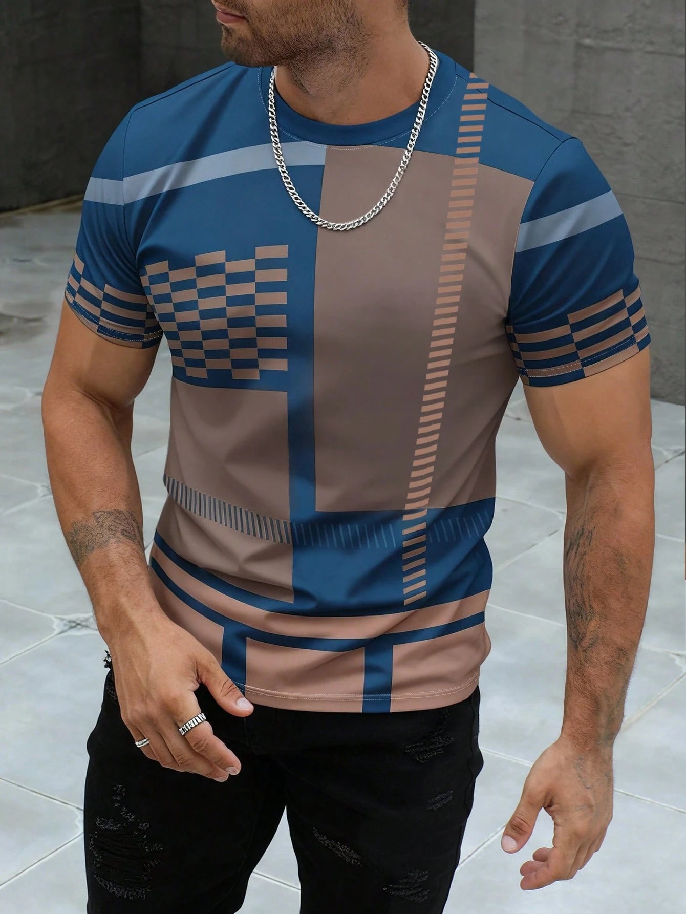 Men's Business Mature Printed Short Sleeve T-Shirt Blue