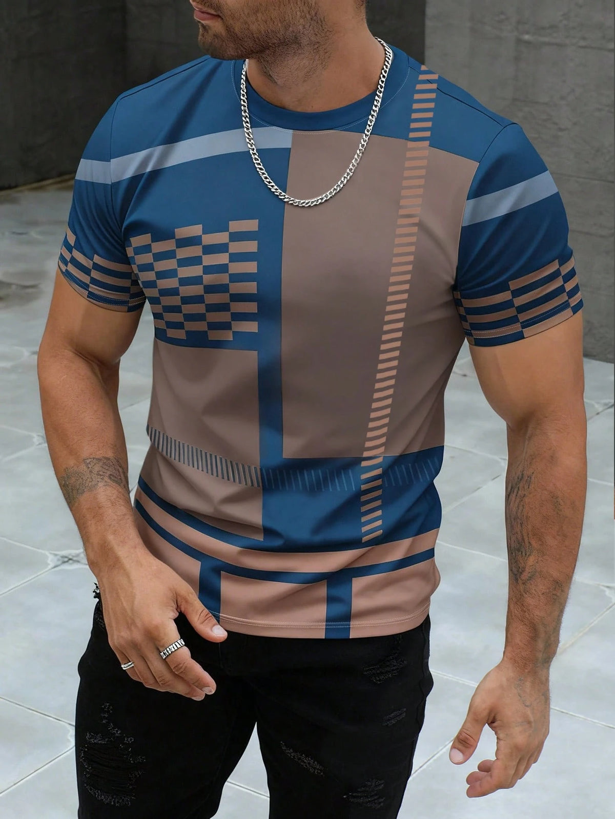 Men's Business Mature Printed Short Sleeve T-Shirt Blue