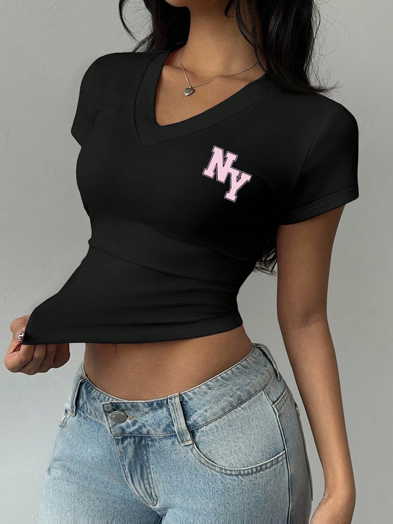 Women's Casual V-Neck Short Sleeve Ruched Summer T-Shirt Black