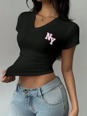 Women's Casual V-Neck Short Sleeve Ruched Summer T-Shirt Black
