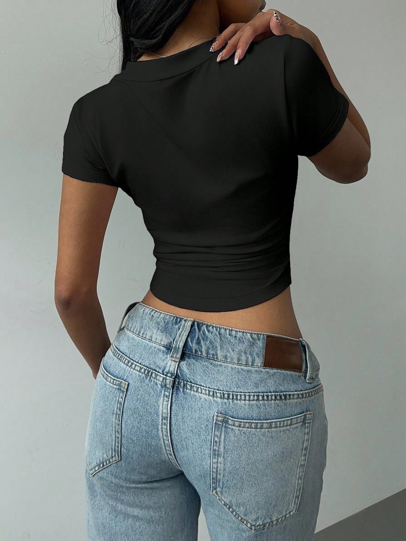 Women's Casual V-Neck Short Sleeve Ruched Summer T-Shirt Black